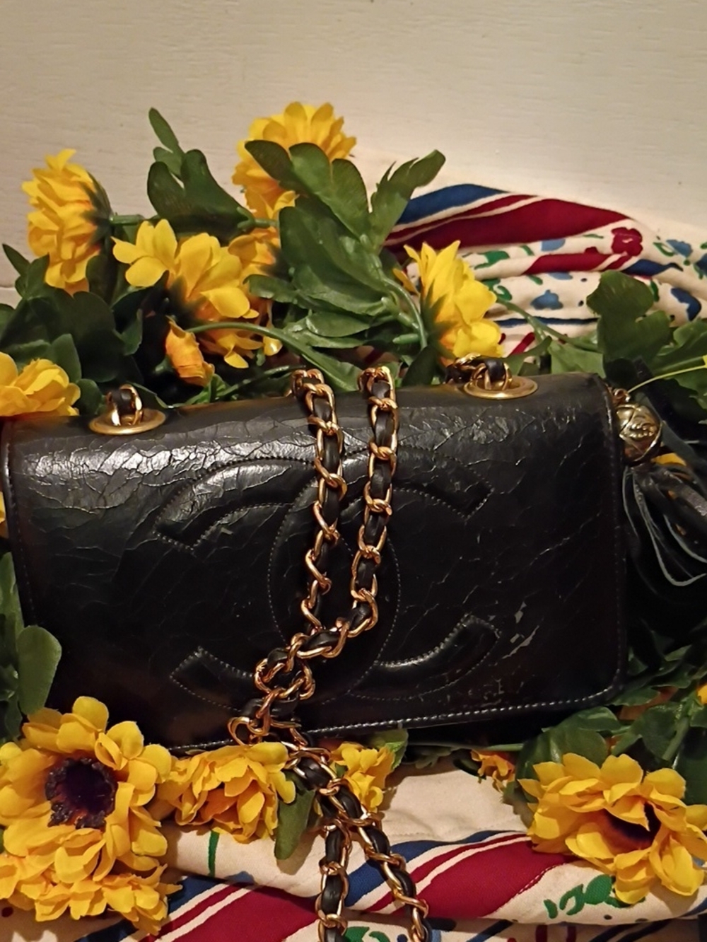 Black Quilted Leather Shoulder Bag with Gold Chain Strap